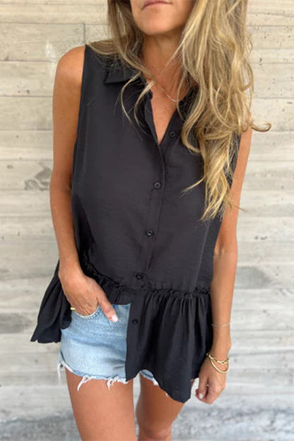 Blusa informal con botones, volantes plisados y cuello vuelto (3 colores)