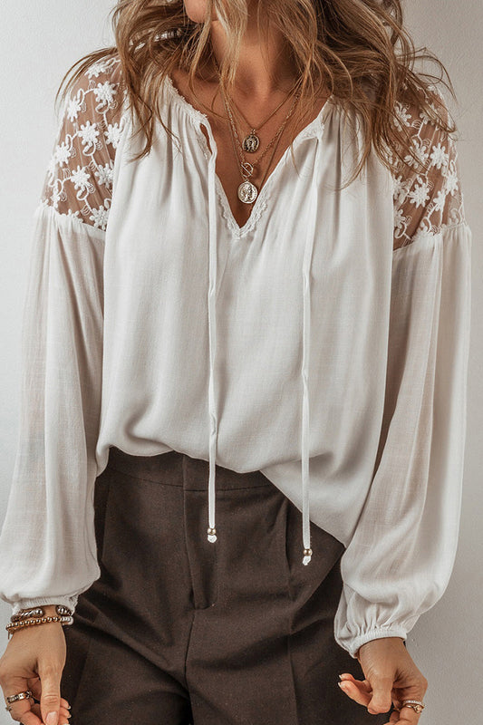 Blusas casuales de encaje con cuello en V y patchwork