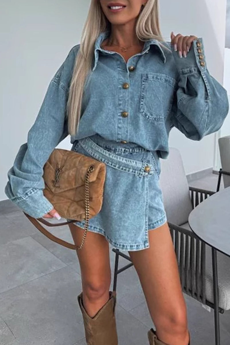 Conjunto de dos piezas con botones casuales, cuello vuelto irregular, manga larga