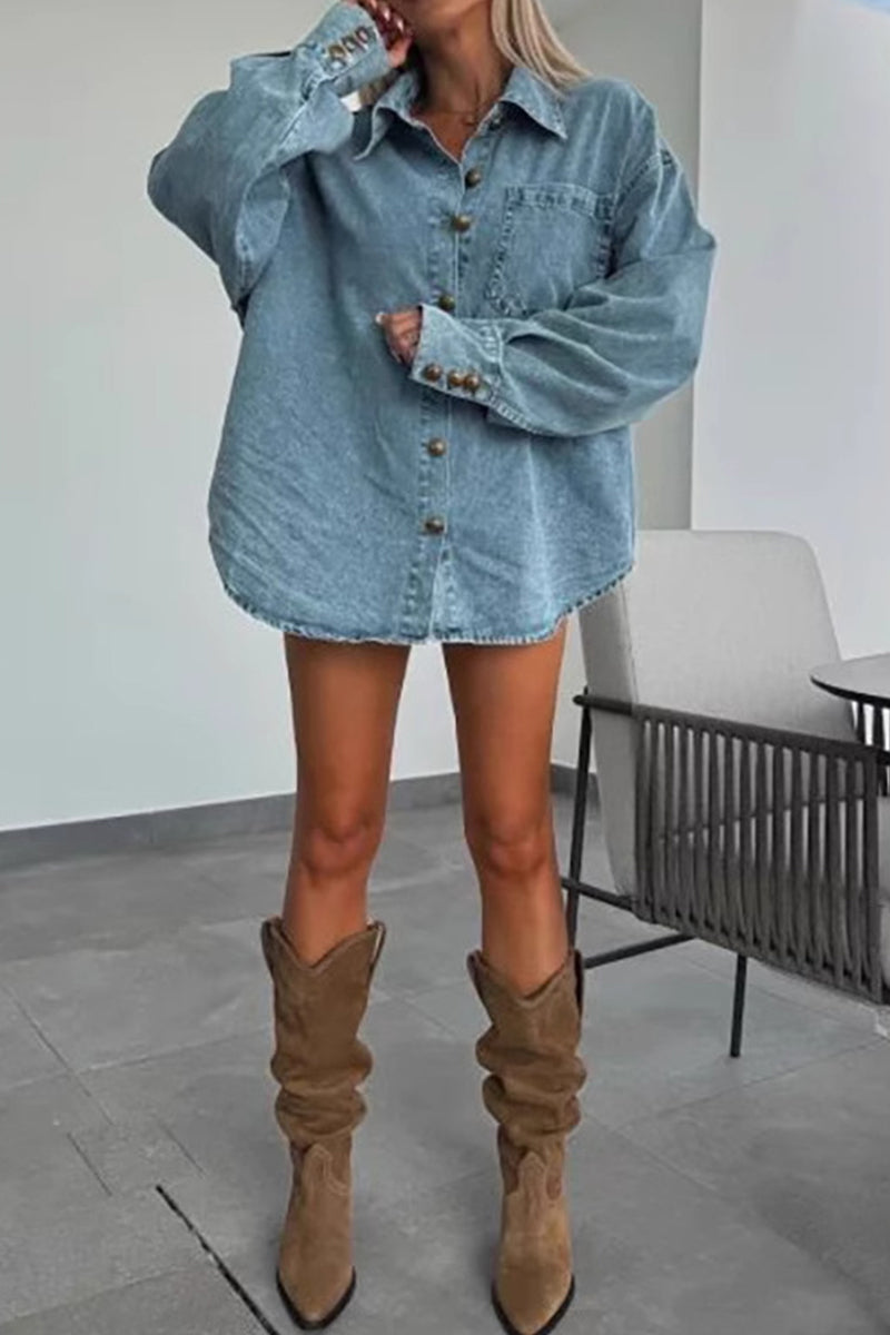 Conjunto de dos piezas con botones casuales, cuello vuelto irregular, manga larga