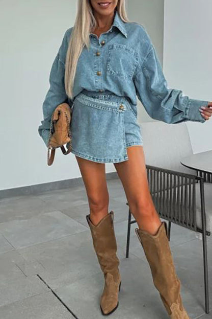 Conjunto de dos piezas con botones casuales, cuello vuelto irregular, manga larga