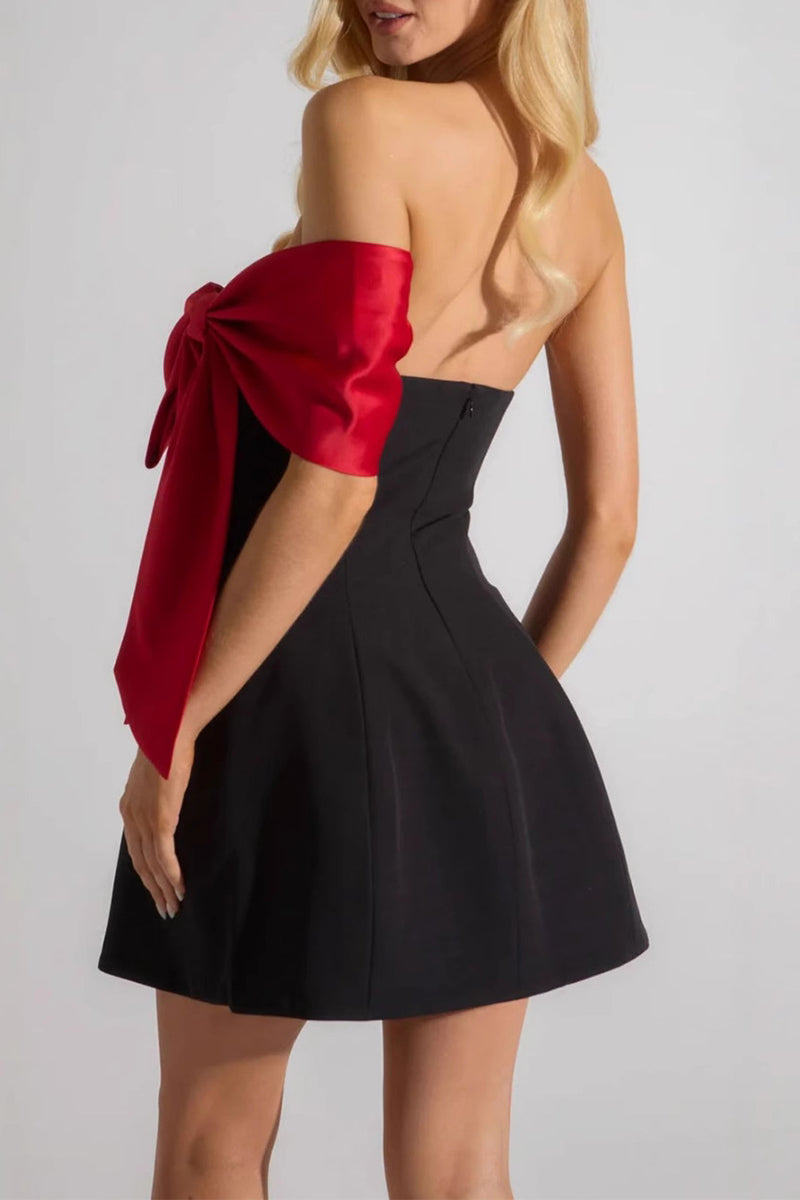 Vestidos de noche sexys con hombros descubiertos y diseño de patchwork y lazo en contraste