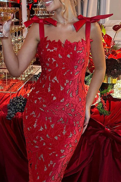 Vestidos largos sexis de encaje con abertura y cuello cuadrado