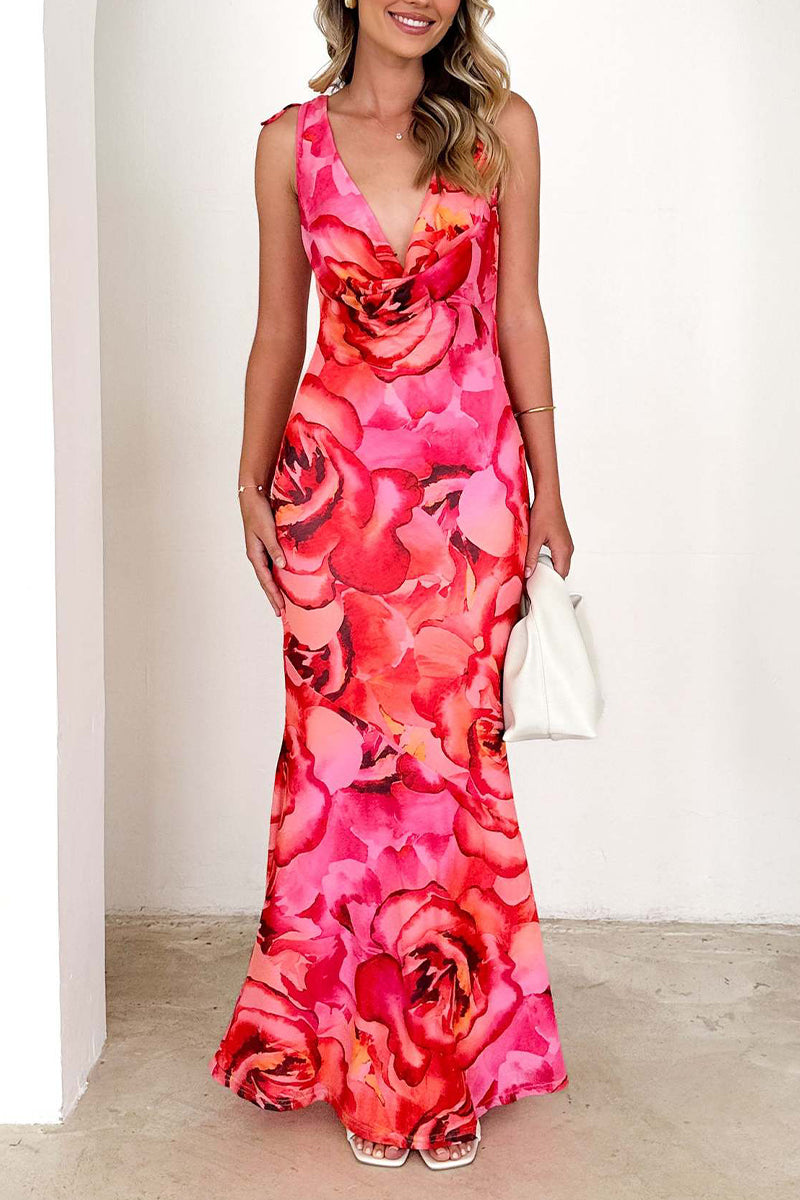 Vestidos largos sexis con estampado floral, encaje, espalda descubierta, escote en V en contraste