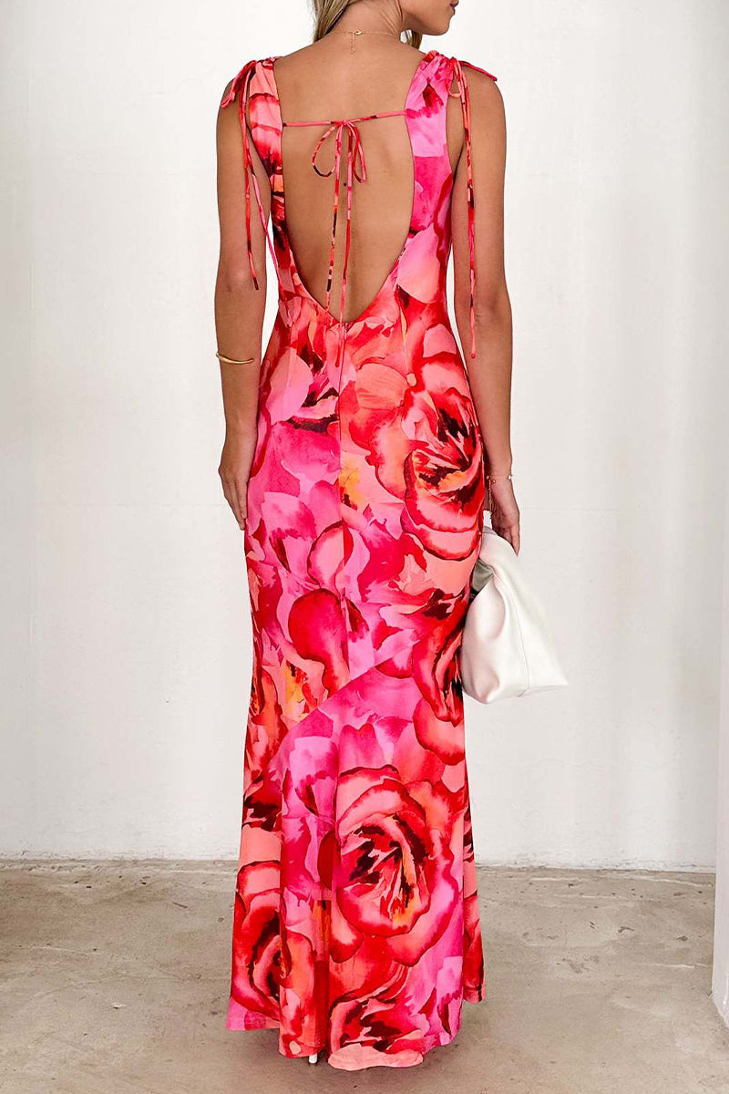 Vestidos largos sexis con estampado floral, encaje, espalda descubierta, escote en V en contraste