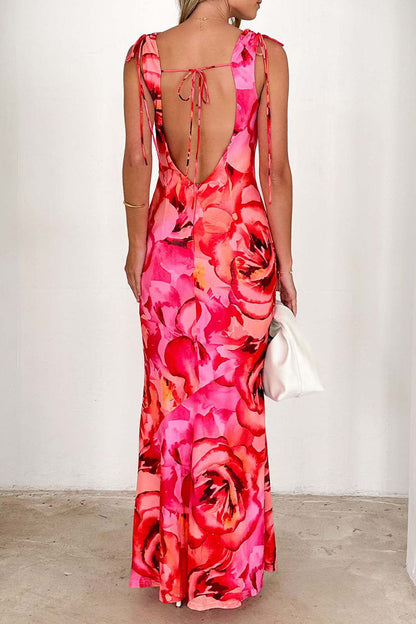 Vestidos largos sexis con estampado floral, encaje, espalda descubierta, escote en V en contraste