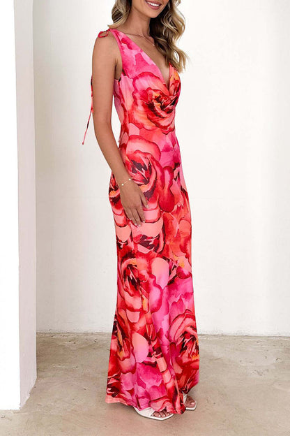 Vestidos largos sexis con estampado floral, encaje, espalda descubierta, escote en V en contraste