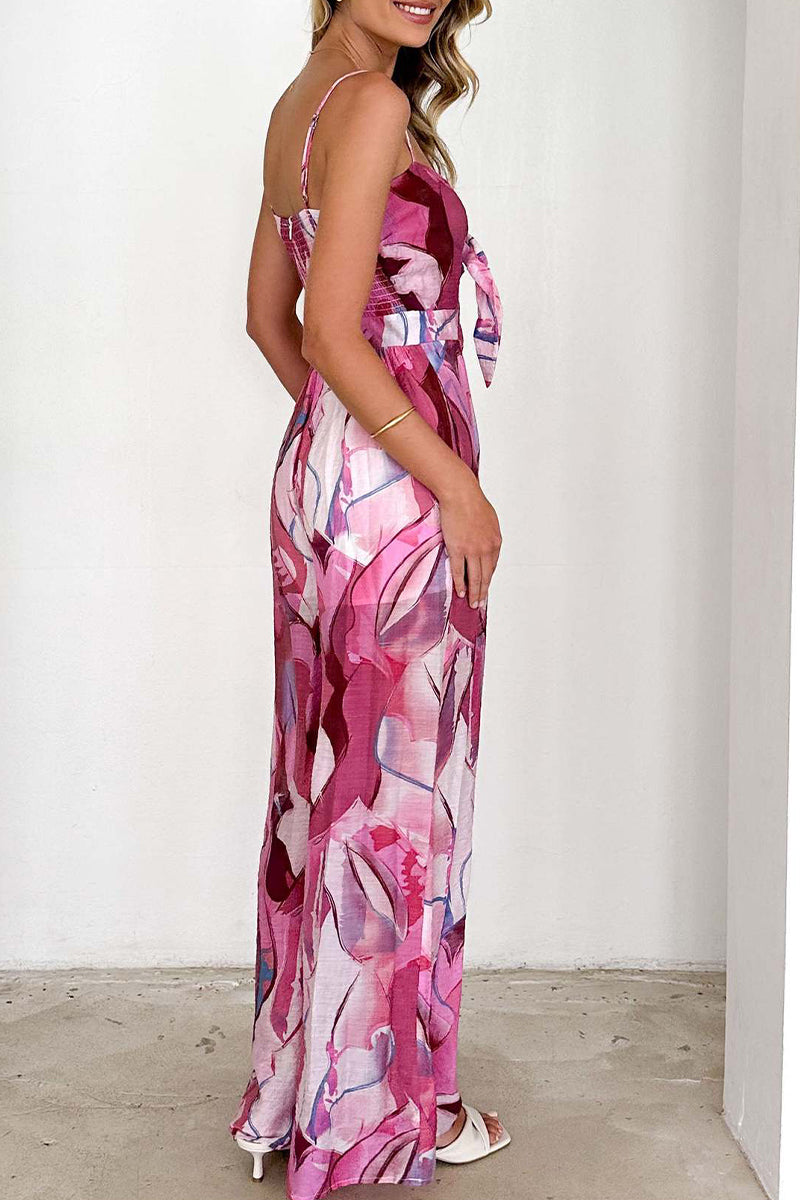 Mono holgado informal con cuello en V en contraste y bolsillo con estampado floral