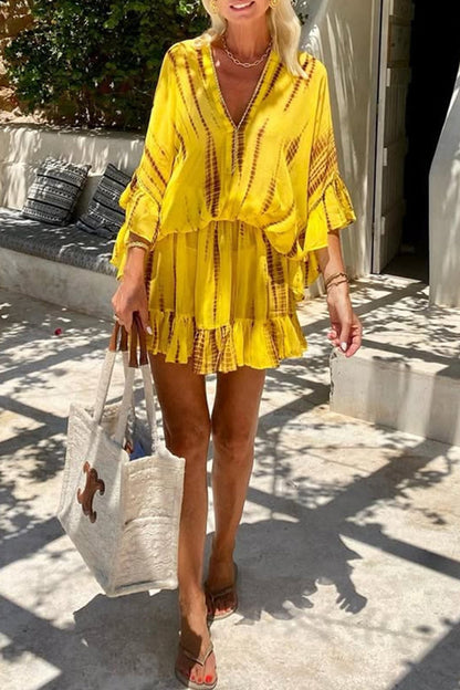 Vestidos casuales de vacaciones con estampado geométrico, volantes, cuello en V, corte A