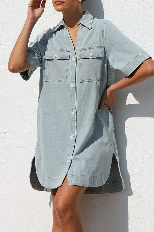 Vestidos vaqueros holgados informales con botones desgastados, cuello vuelto y manga corta