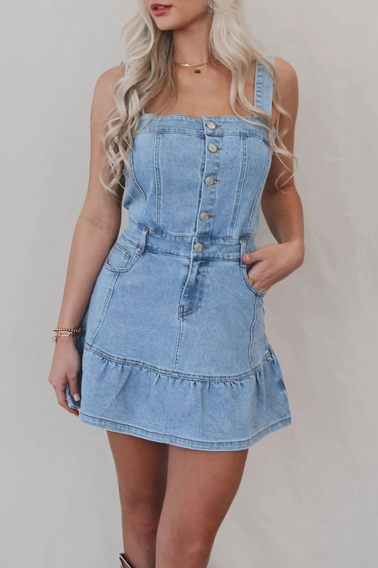 Vestidos vaqueros casuales sin mangas con cuello cuadrado, volantes y botones con bolsillos