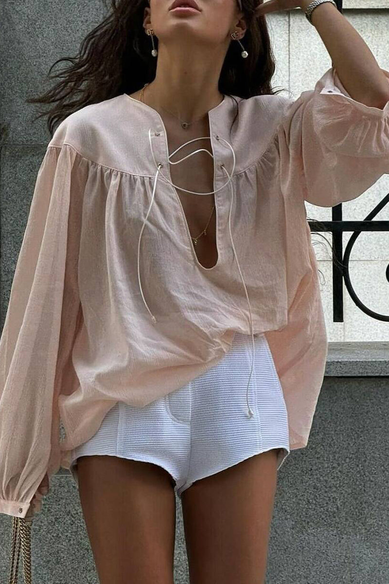Blusas casuales de color sólido con cordones y cuello redondo