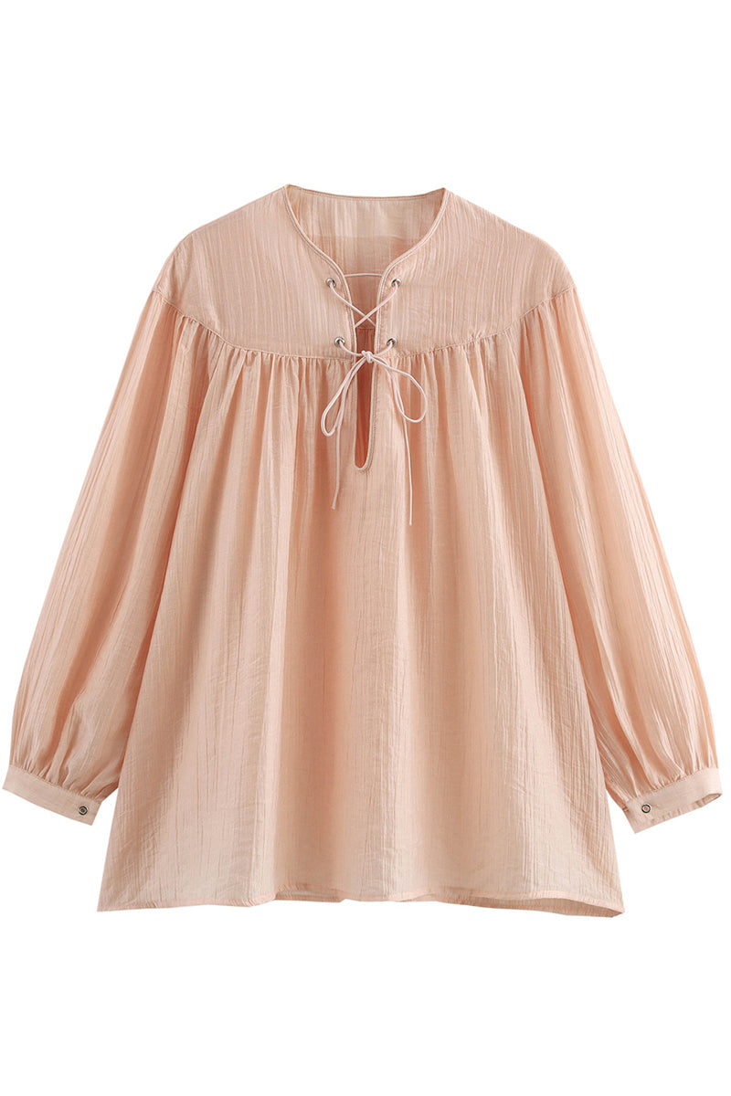 Blusas casuales de color sólido con cordones y cuello redondo