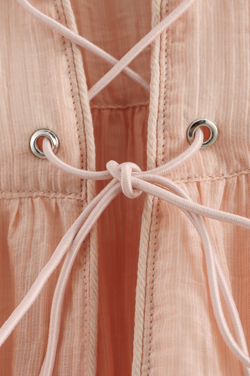 Blusas casuales de color sólido con cordones y cuello redondo