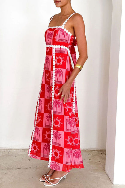 Vestidos de tirantes con escote cuadrado y contraste de patchwork de frutas con estampado de grafiti de vacaciones