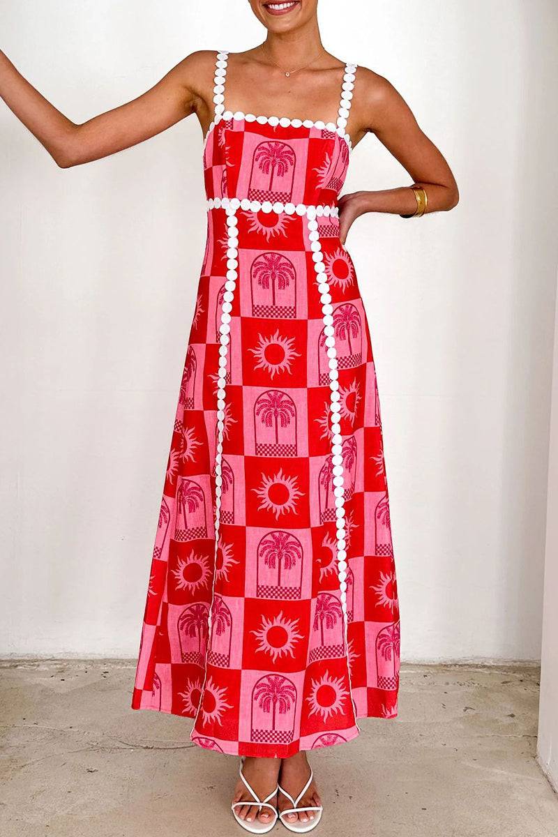 Vestidos de tirantes con escote cuadrado y contraste de patchwork de frutas con estampado de grafiti de vacaciones
