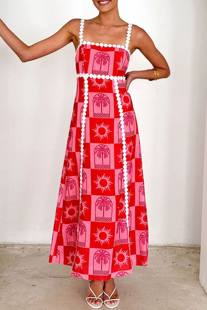 Vestidos de tirantes con escote cuadrado y contraste de patchwork de frutas con estampado de grafiti de vacaciones
