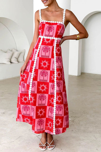 Vestidos de tirantes con escote cuadrado y contraste de patchwork de frutas con estampado de grafiti de vacaciones