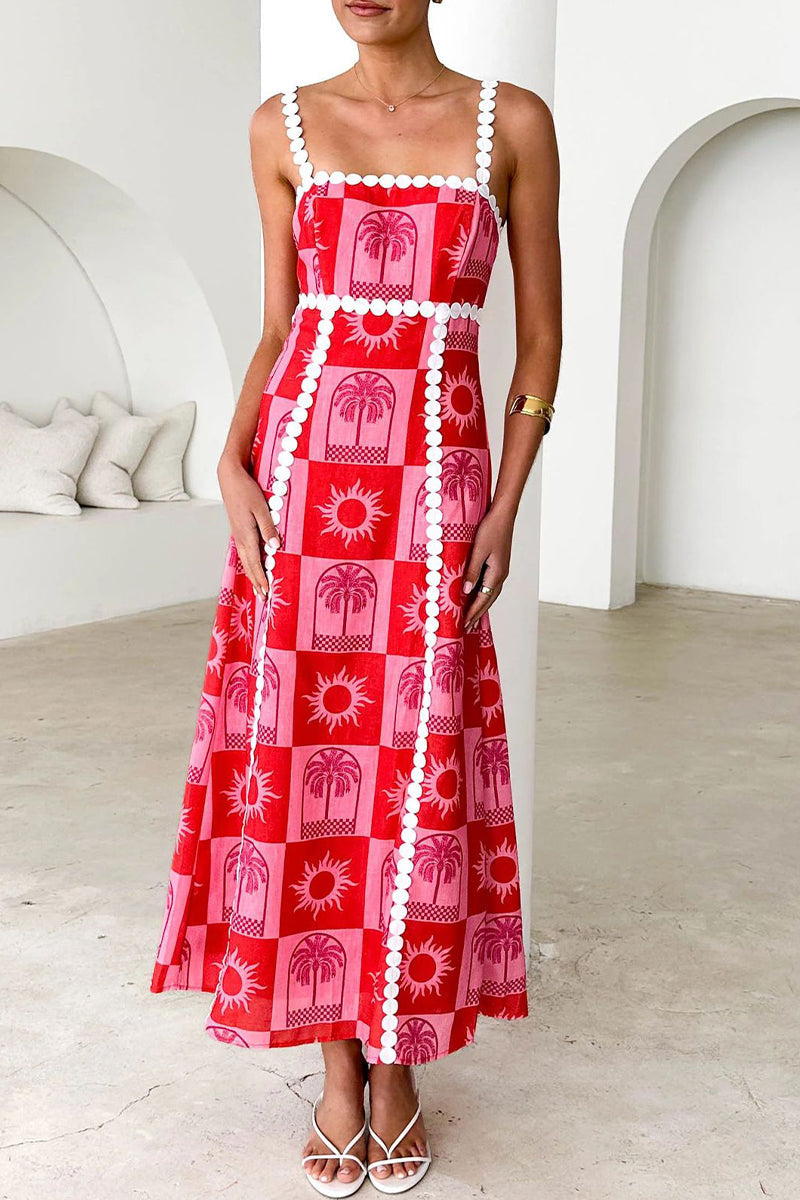 Vestidos de tirantes con escote cuadrado y contraste de patchwork de frutas con estampado de grafiti de vacaciones