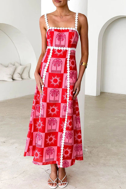 Vestidos de tirantes con escote cuadrado y contraste de patchwork de frutas con estampado de grafiti de vacaciones