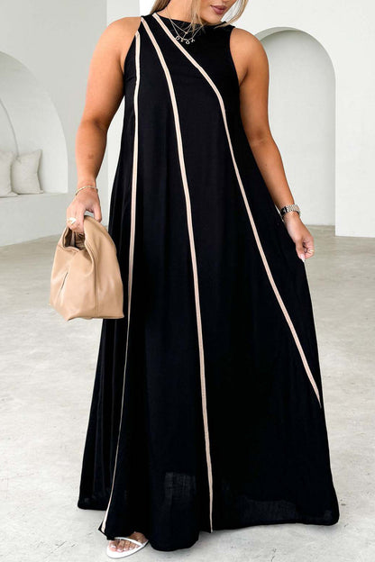 Vestidos casuales sin mangas con cuello redondo, rayas y patchwork en contraste