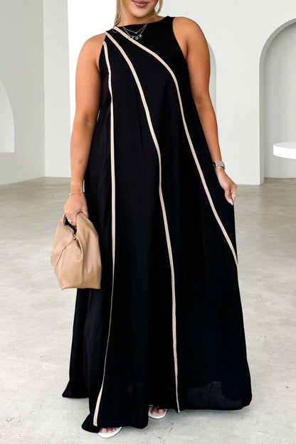 Vestidos casuales sin mangas con cuello redondo, rayas y patchwork en contraste