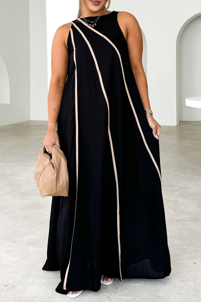 Vestidos casuales sin mangas con cuello redondo, rayas y patchwork en contraste