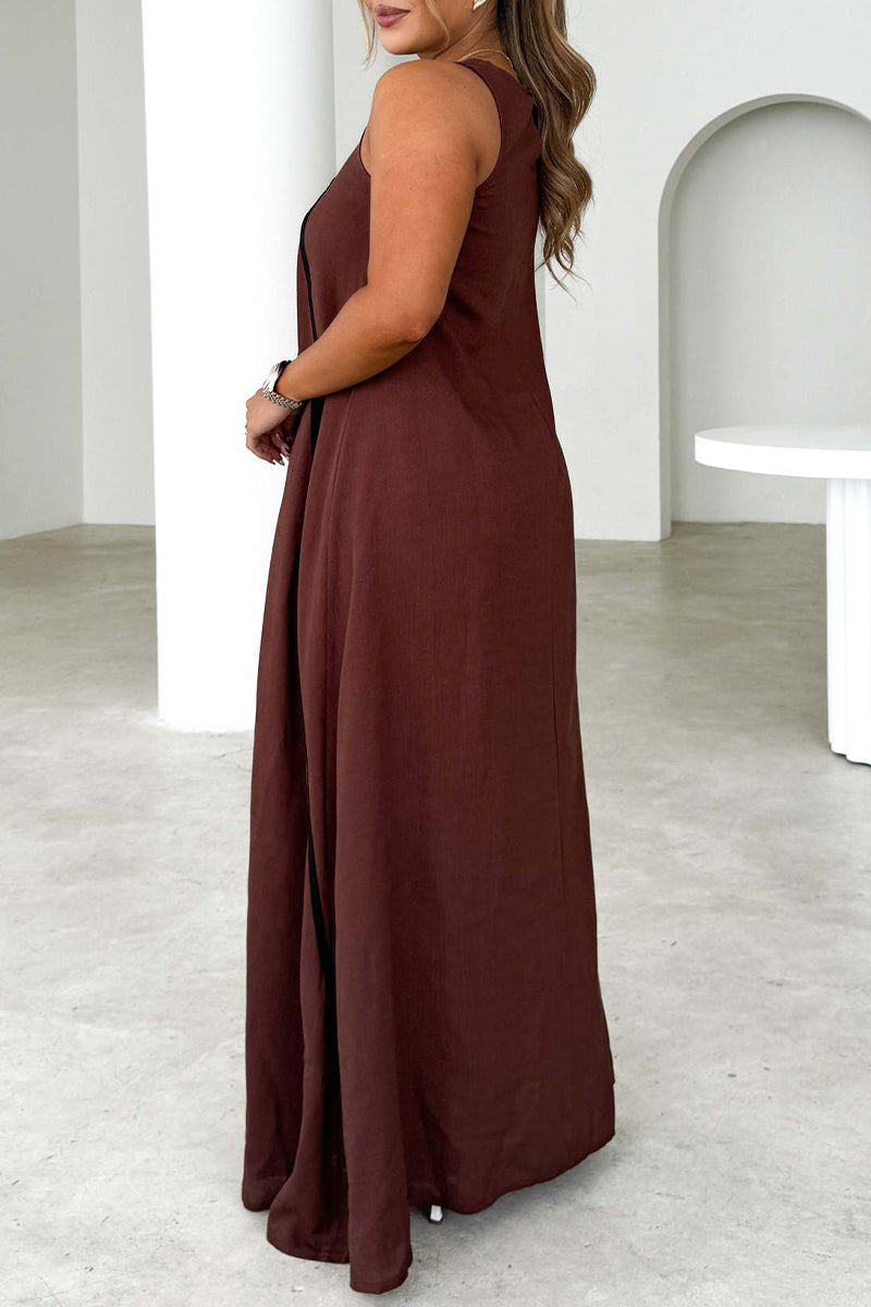 Vestidos casuales sin mangas con cuello redondo, rayas y patchwork en contraste