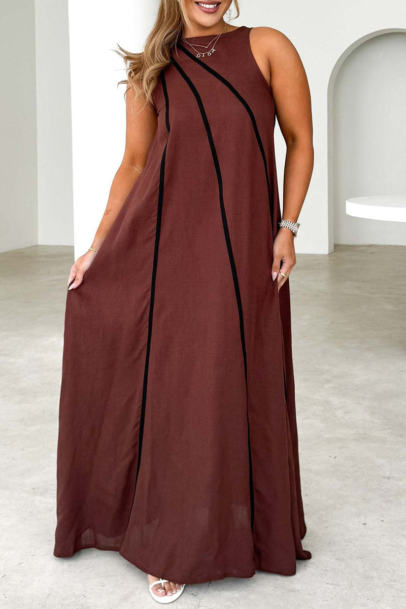 Vestidos casuales sin mangas con cuello redondo, rayas y patchwork en contraste