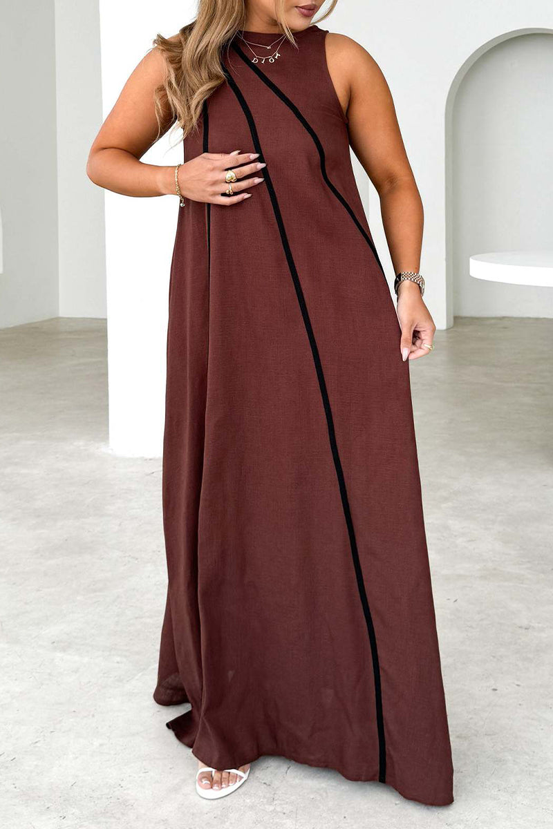 Vestidos casuales sin mangas con cuello redondo, rayas y patchwork en contraste