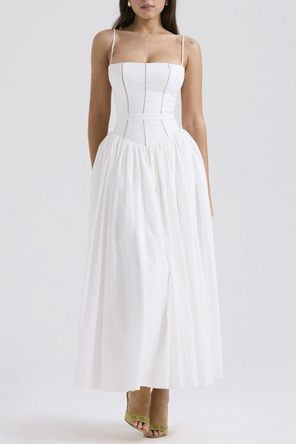 Elegantes vestidos de tirantes con cuello cuadrado y patchwork