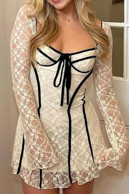 Vestidos sexis de encaje con patchwork y escote cuadrado en forma de A