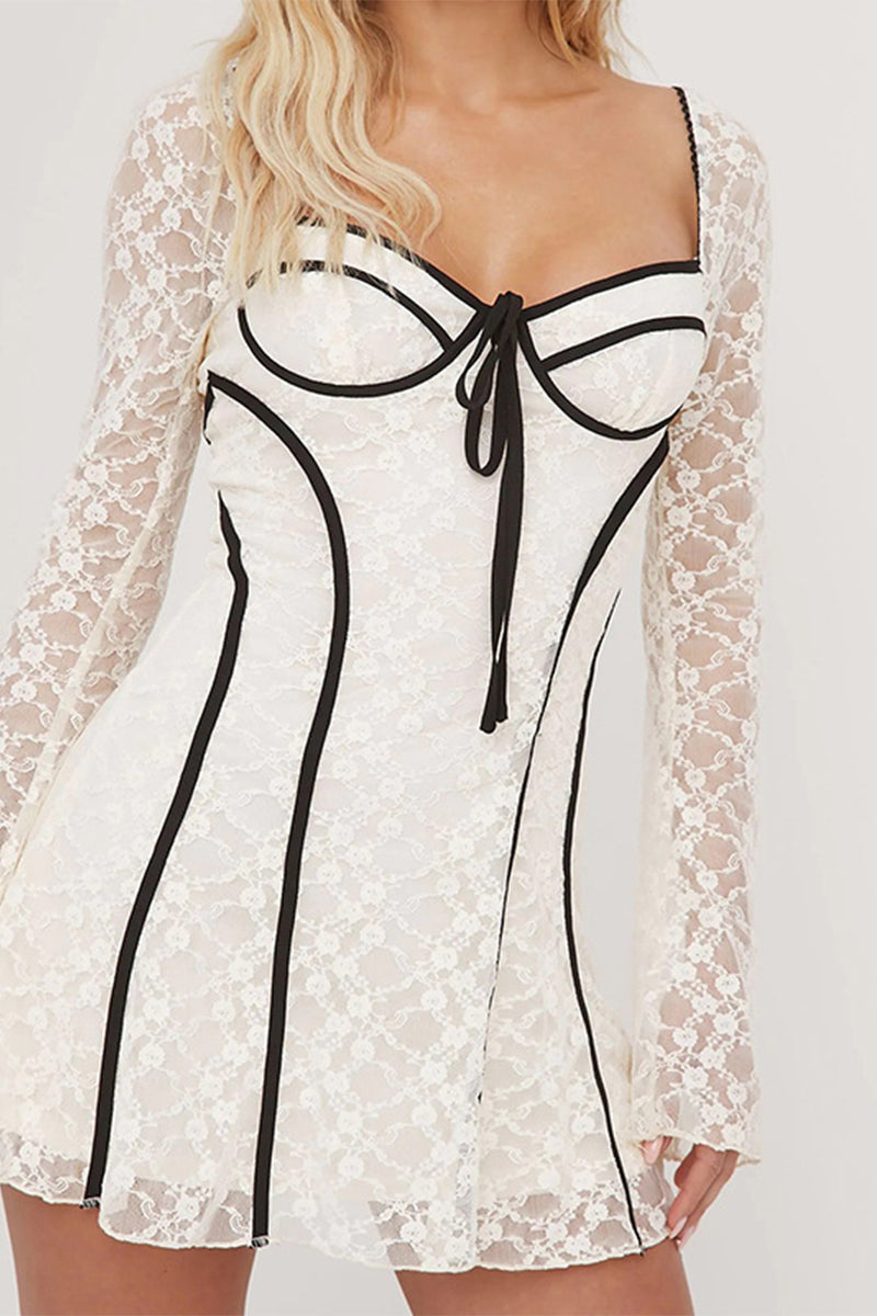 Vestidos sexis de encaje con patchwork y escote cuadrado en forma de A