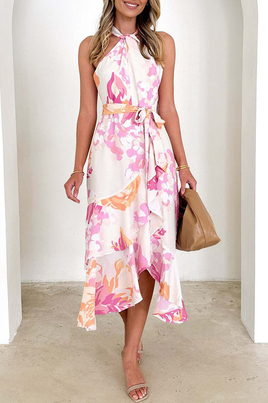 Elegante vestido irregular con volantes, cuello halter y estampado floral