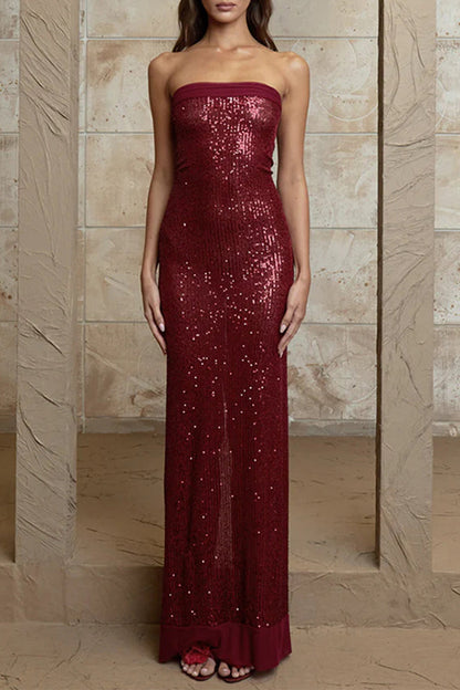 Vestidos largos sexis sin tirantes con abertura y lentejuelas (3 colores)