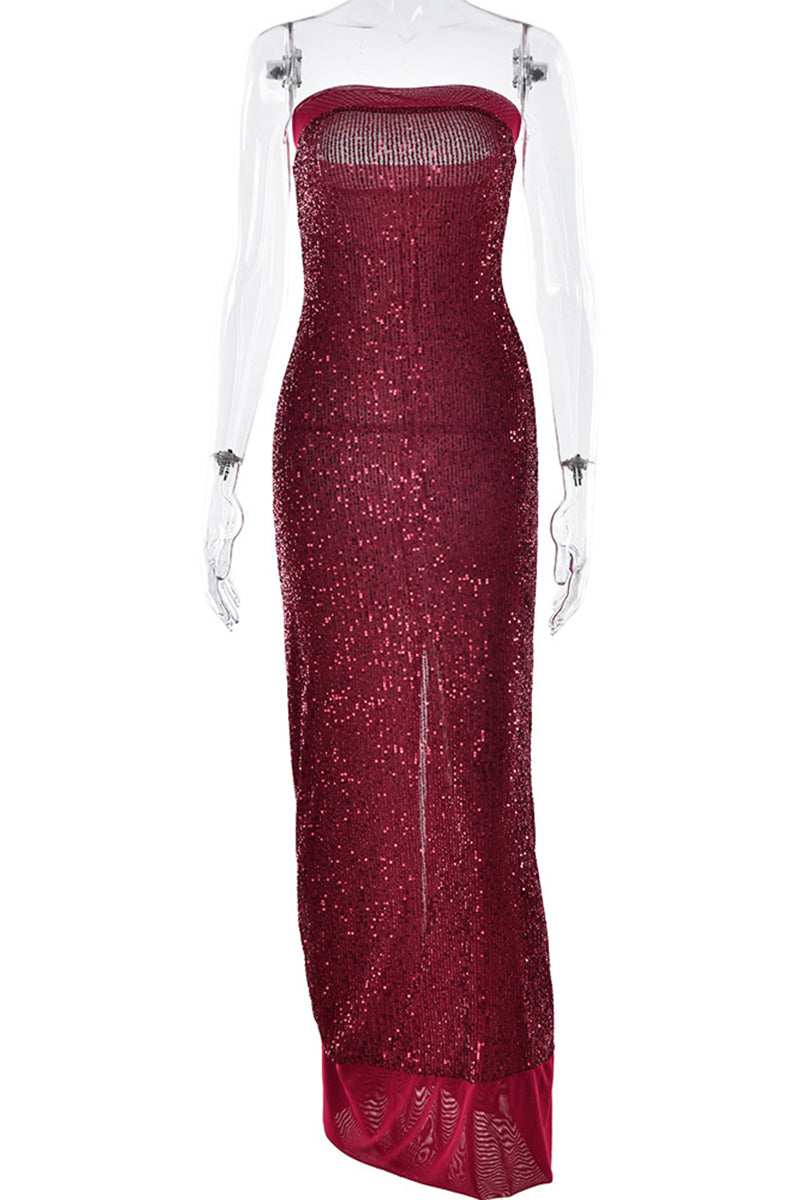 Vestidos largos sexis sin tirantes con abertura y lentejuelas (3 colores)