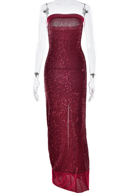 Vestidos largos sexis sin tirantes con abertura y lentejuelas (3 colores)