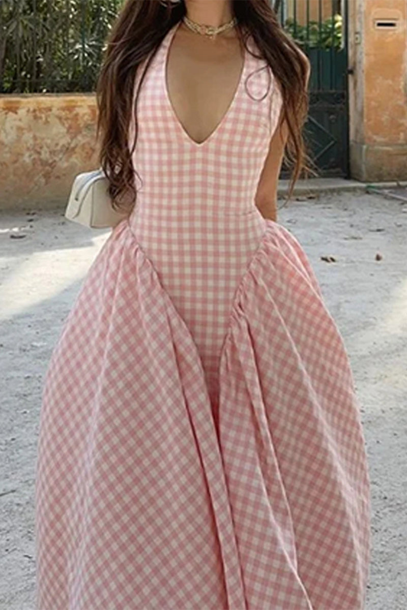 Vestidos sexis a cuadros con cordones, espalda descubierta y contraste, estilo halter, sin mangas