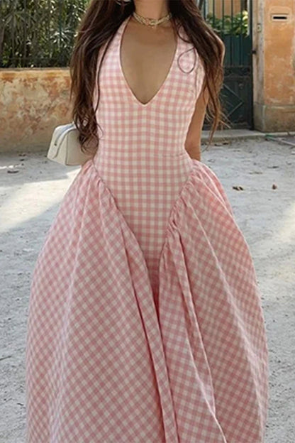 Vestidos sexis a cuadros con cordones, espalda descubierta y contraste, estilo halter, sin mangas