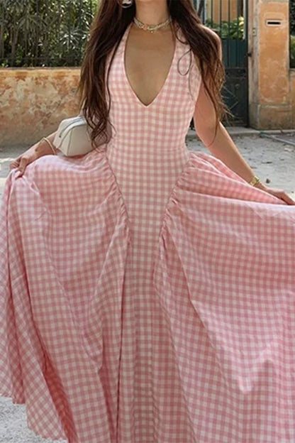 Vestidos sexis a cuadros con cordones, espalda descubierta y contraste, estilo halter, sin mangas