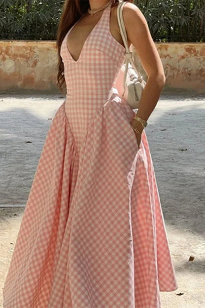 Vestidos sexis a cuadros con cordones, espalda descubierta y contraste, estilo halter, sin mangas
