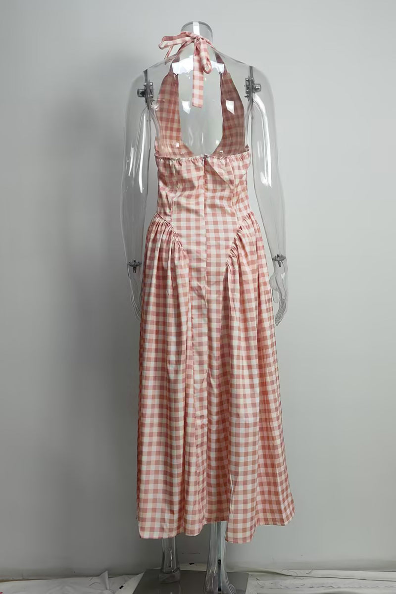 Vestidos sexis a cuadros con cordones, espalda descubierta y contraste, estilo halter, sin mangas