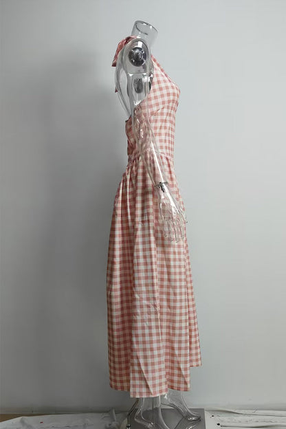 Vestidos sexis a cuadros con cordones, espalda descubierta y contraste, estilo halter, sin mangas