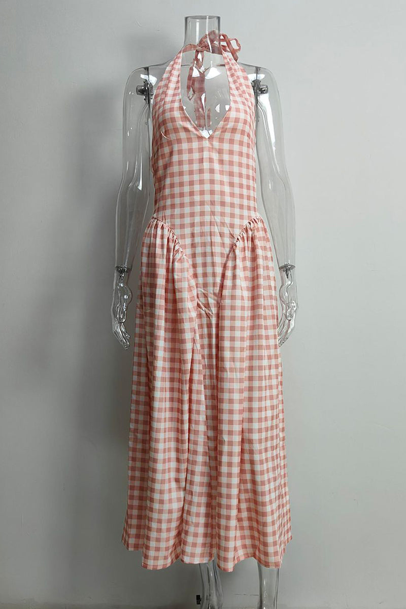 Vestidos sexis a cuadros con cordones, espalda descubierta y contraste, estilo halter, sin mangas