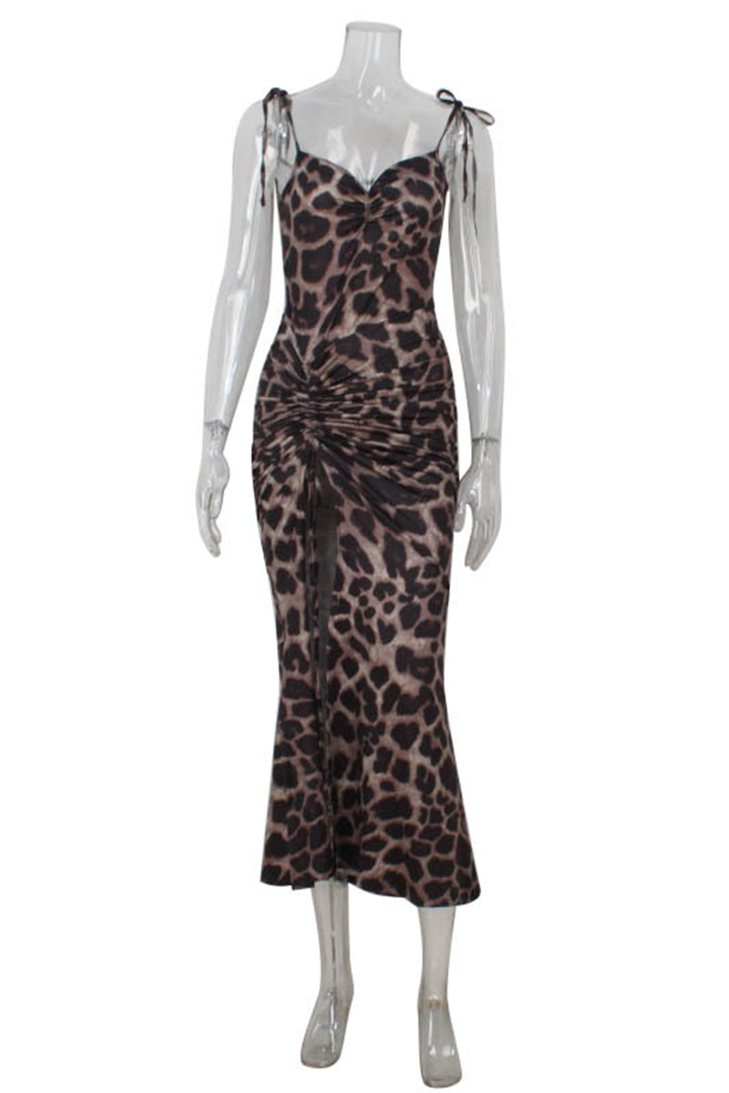 Vestidos irregulares con cuello en V irregular y cordón de leopardo sexy