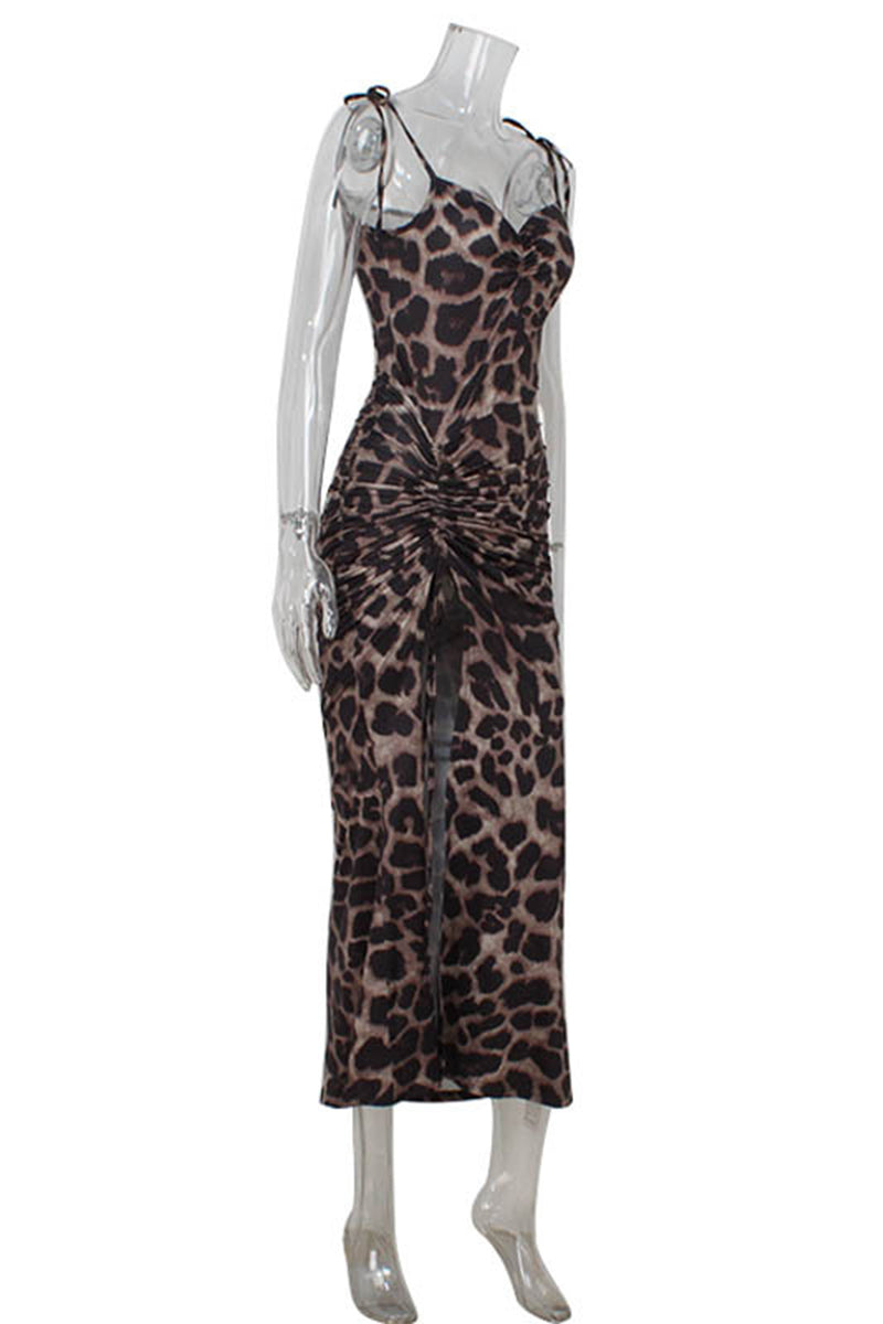 Vestidos irregulares con cuello en V irregular y cordón de leopardo sexy