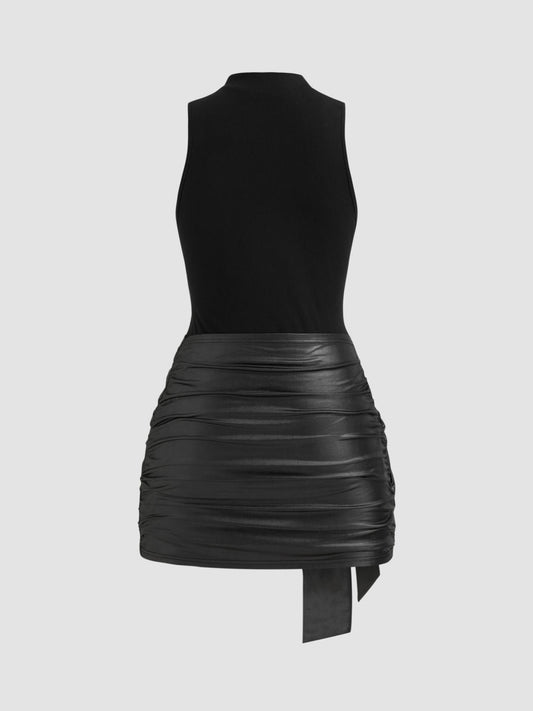 High Neck Ruched Knotted Mini Dress