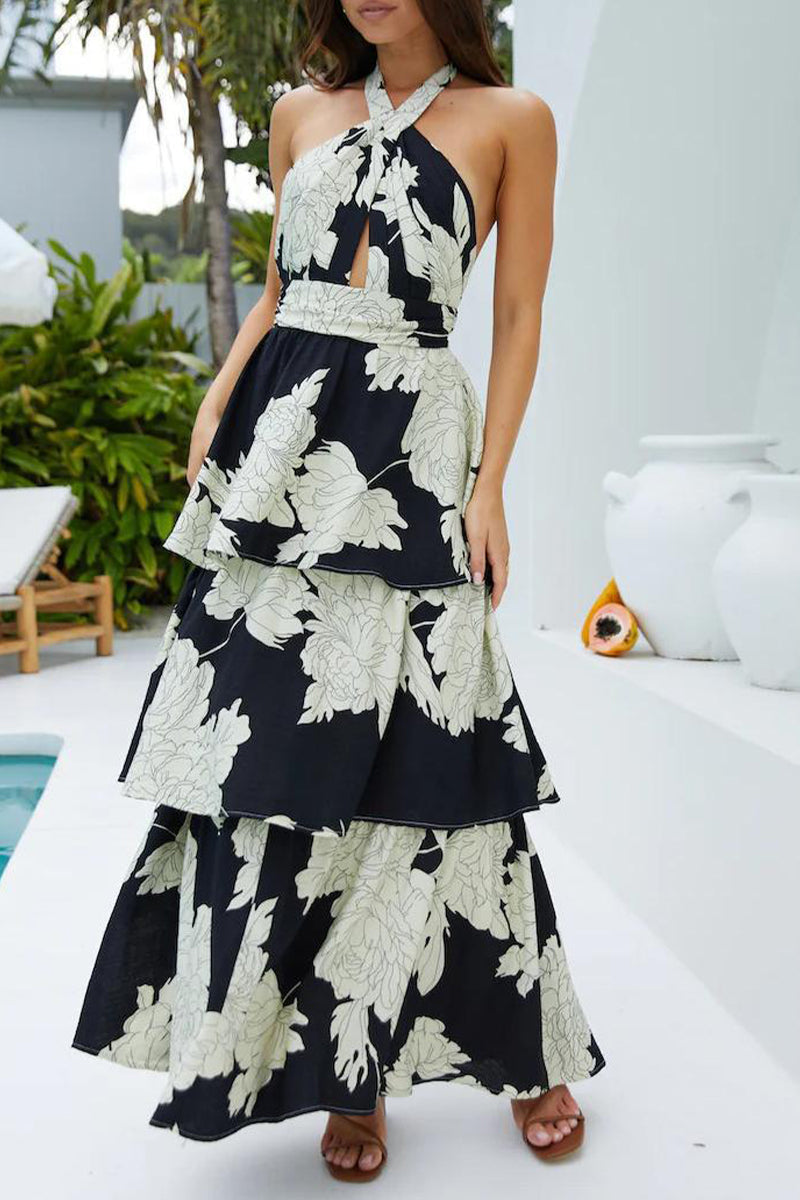 Elegante vestido con estampado floral, encaje, espalda descubierta, volantes, cuello halter, falda pastel