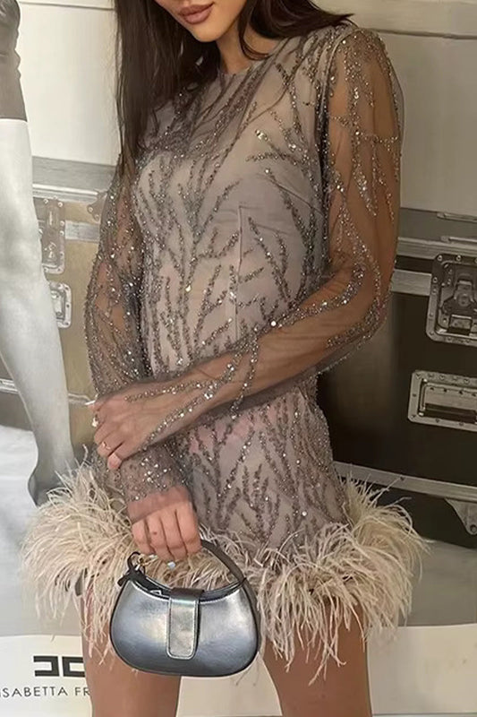Elegante minivestido de malla con dobladillo de plumas y cuello redondo