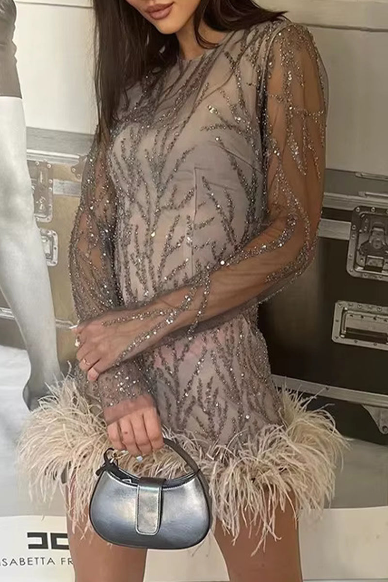 Elegante minivestido de malla con dobladillo de plumas y cuello redondo